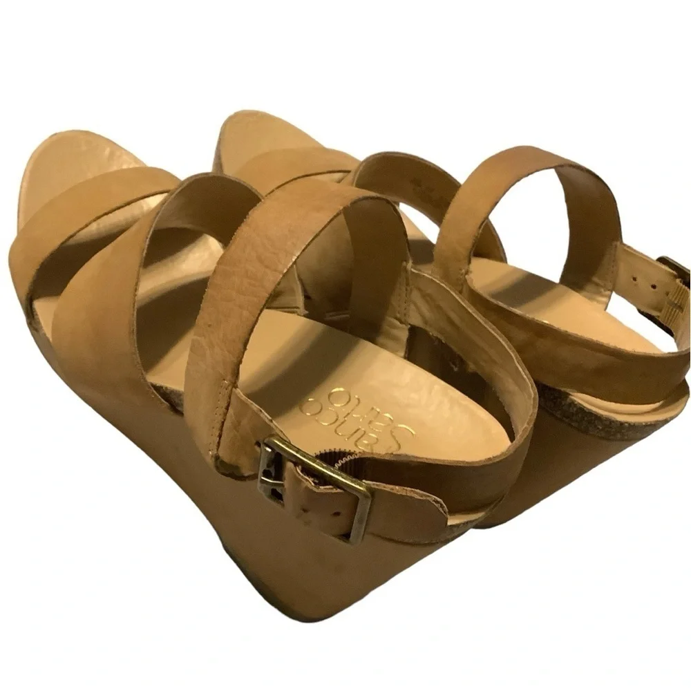 Franco Sarto‎ Womens Fiona Tan Leather Wedge Heel Strappy Sandals Size 9.5